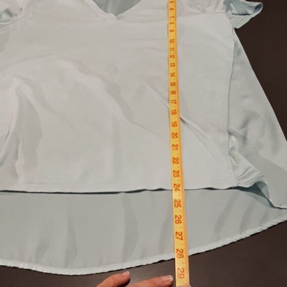 Light Blue Hi Low Silky Back Vee Neck Blouse - Picture 6 of 6